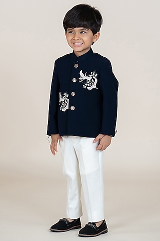 Black Polyester Suiting & Sandwash Bandhgala Set For Boys by Little Boys Closet