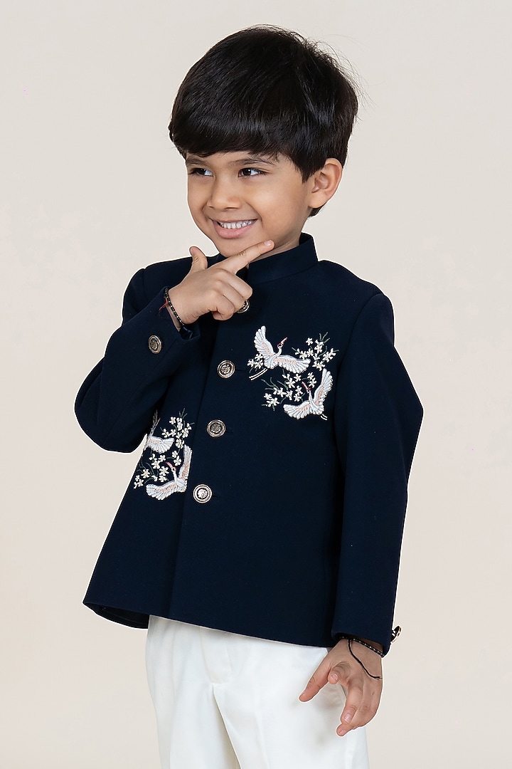 Black Polyester Suiting & Sandwash Bandhgala Set For Boys by Little Boys Closet at Pernia's Pop Up Shop