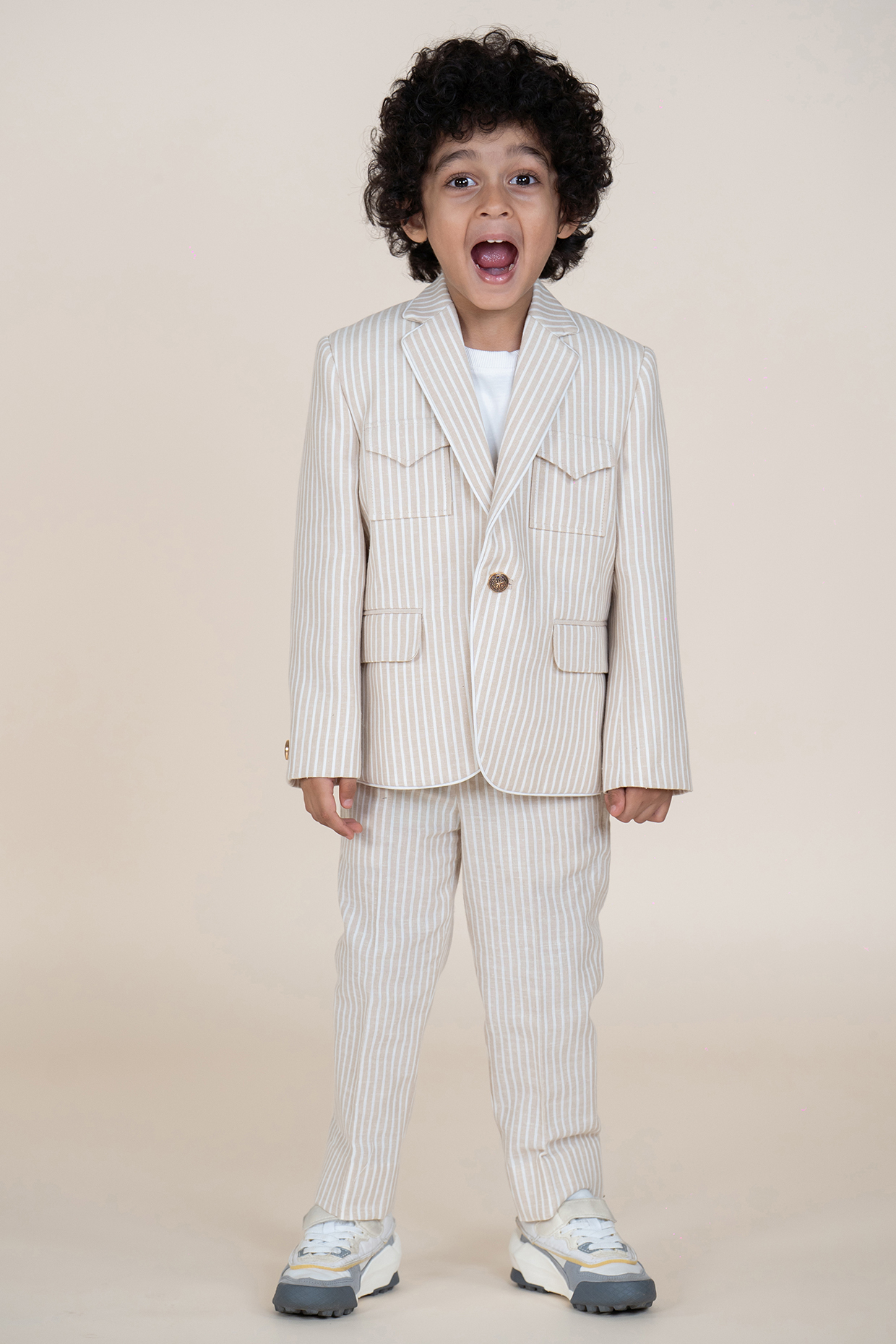 Beige & White Linen Suiting Striped Color-Blocked Printed Blazer Set For Boys by Little Boys Closet