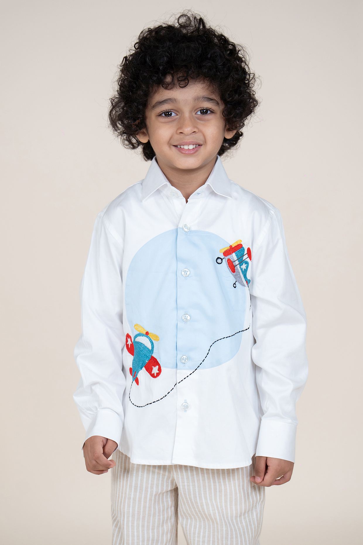 White & Sky Blue Cotton Satin Embroidered Shirt For Boys by Little Boys Closet