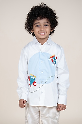 White & Sky Blue Cotton Satin Embroidered Shirt For Boys by Little Boys Closet
