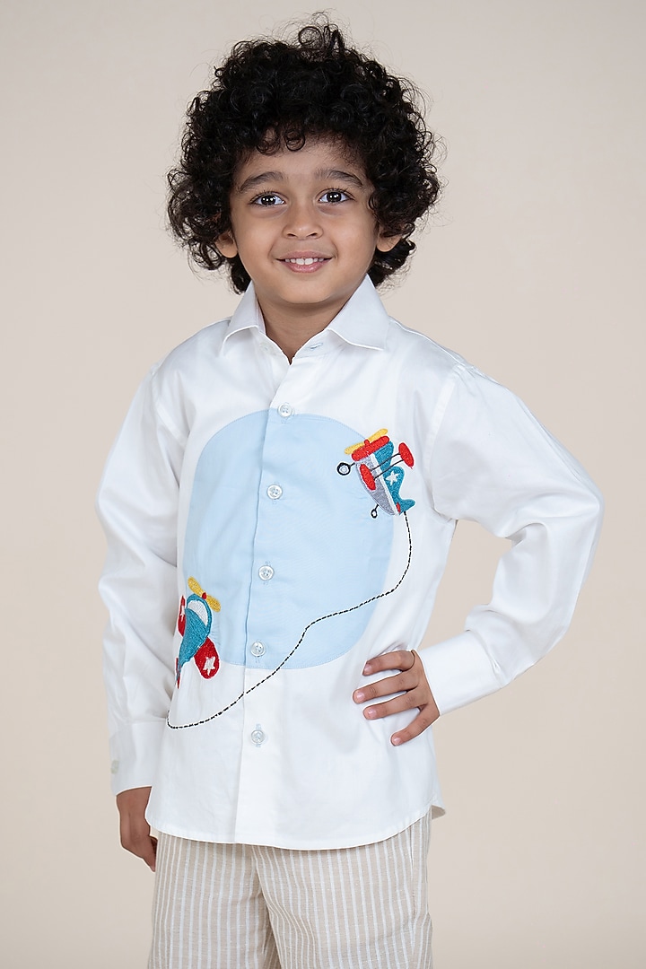White & Sky Blue Cotton Satin Embroidered Shirt For Boys by Little Boys Closet at Pernia's Pop Up Shop