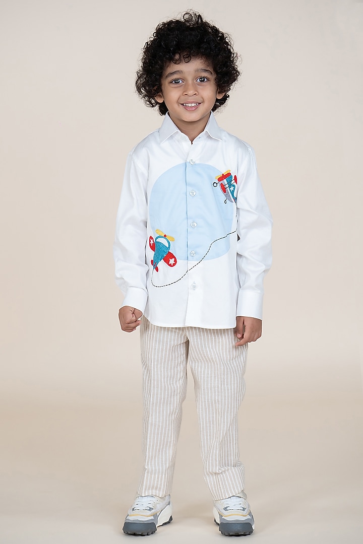 White & Sky Blue Cotton Satin Embroidered Shirt For Boys by Little Boys Closet at Pernia's Pop Up Shop