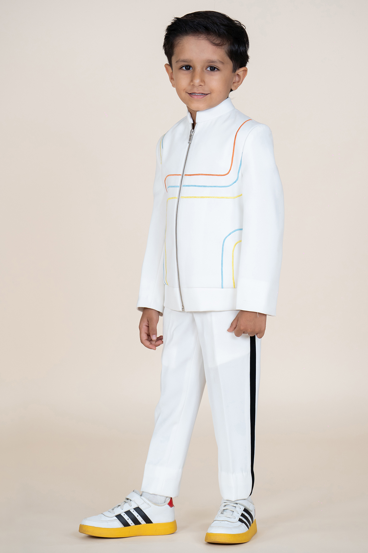 White Sandwash Suiting Embroidered Blazer Set For Boys by Little Boys Closet