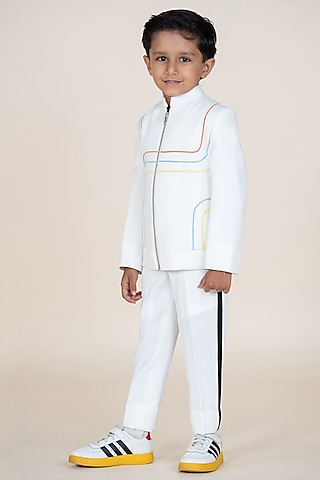 White Sandwash Suiting Embroidered Blazer Set For Boys by Little Boys Closet