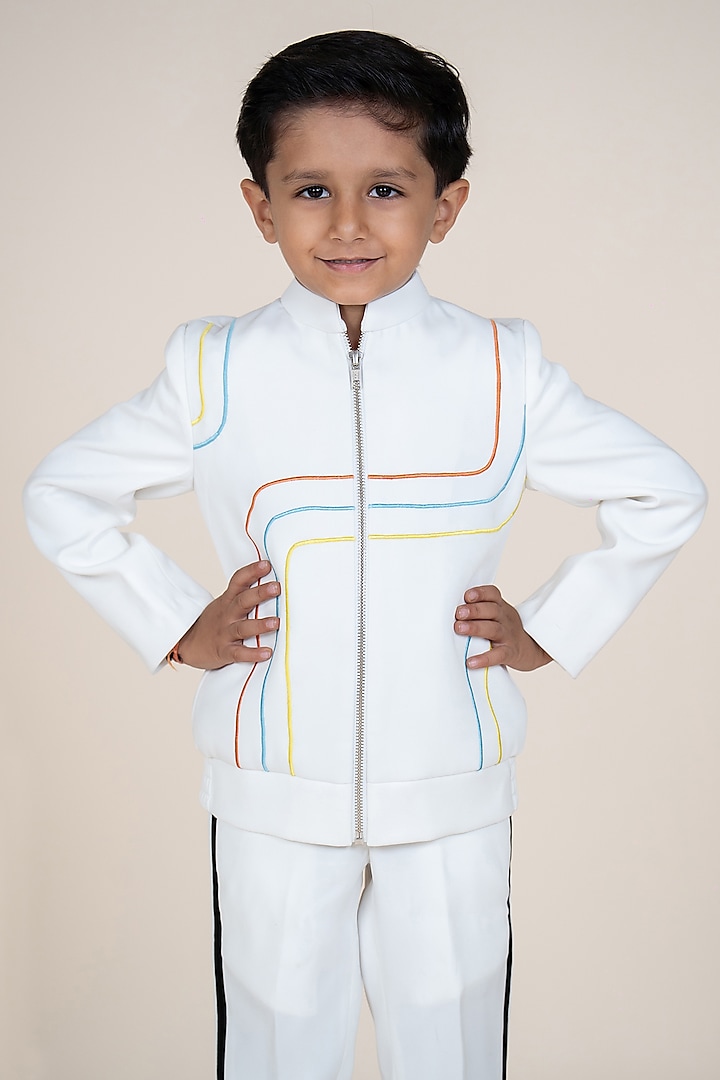 White Sandwash Suiting Embroidered Blazer Set For Boys by Little Boys Closet at Pernia's Pop Up Shop