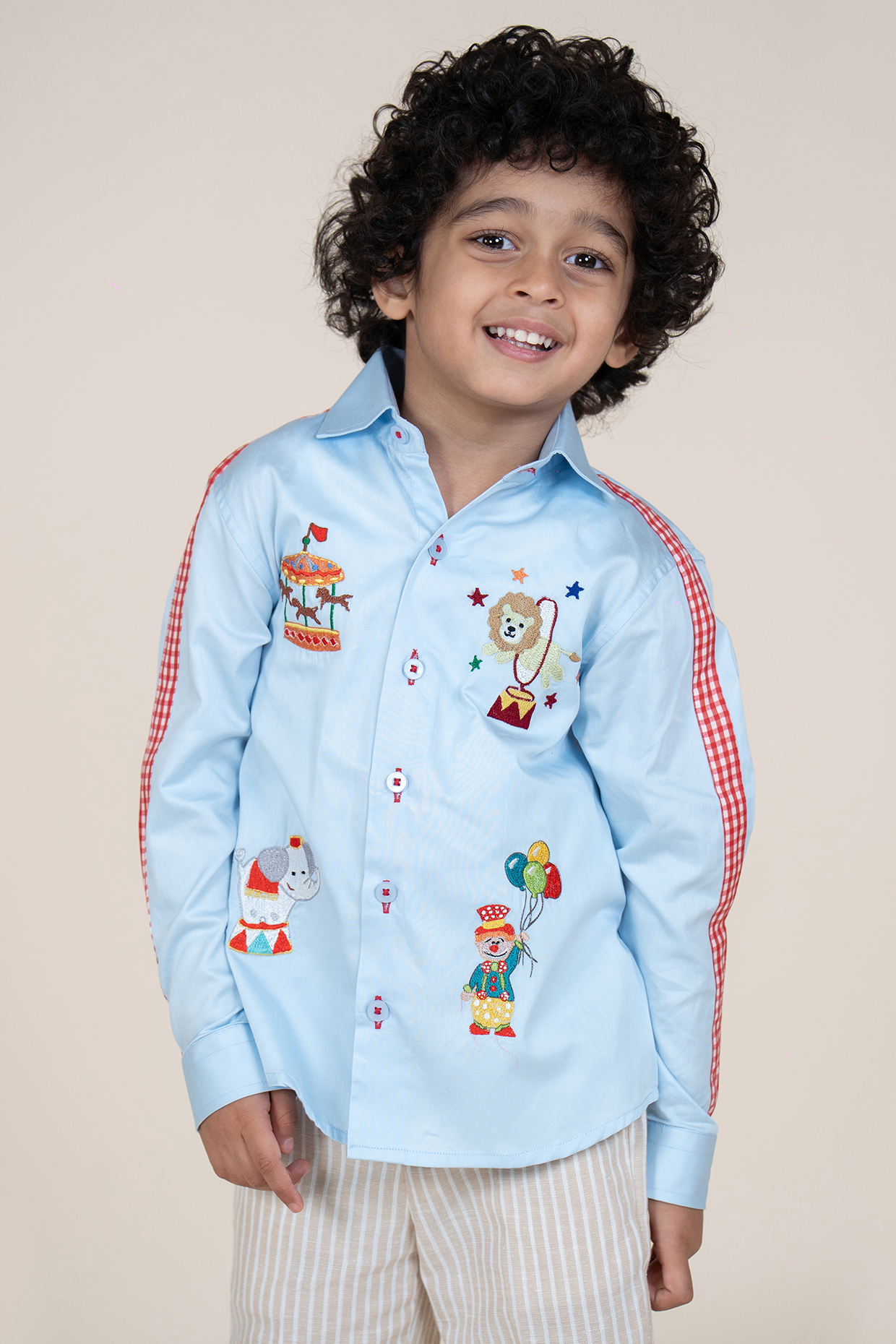 Sky Blue Cotton Satin Embroidered Shirt For Boys by Little Boys Closet