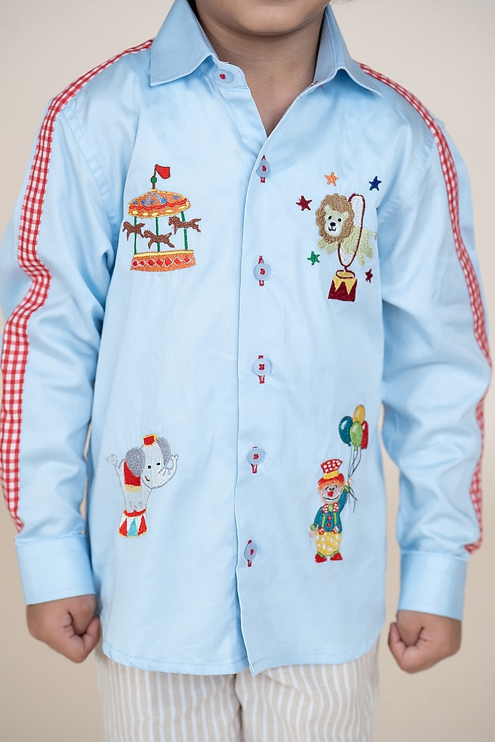 Sky Blue Cotton Satin Embroidered Shirt For Boys by Little Boys Closet at Pernia's Pop Up Shop