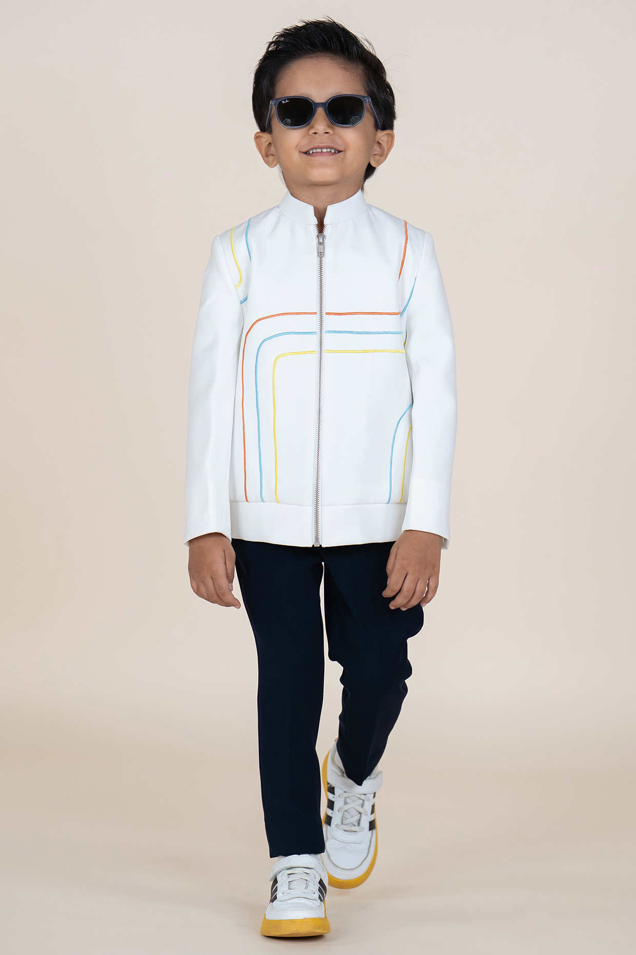 White & Navy Blue Sandwash Suiting Embroidered Blazer Set For Boys by Little Boys Closet