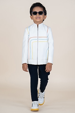 White & Navy Blue Sandwash Suiting Embroidered Blazer Set For Boys by Little Boys Closet