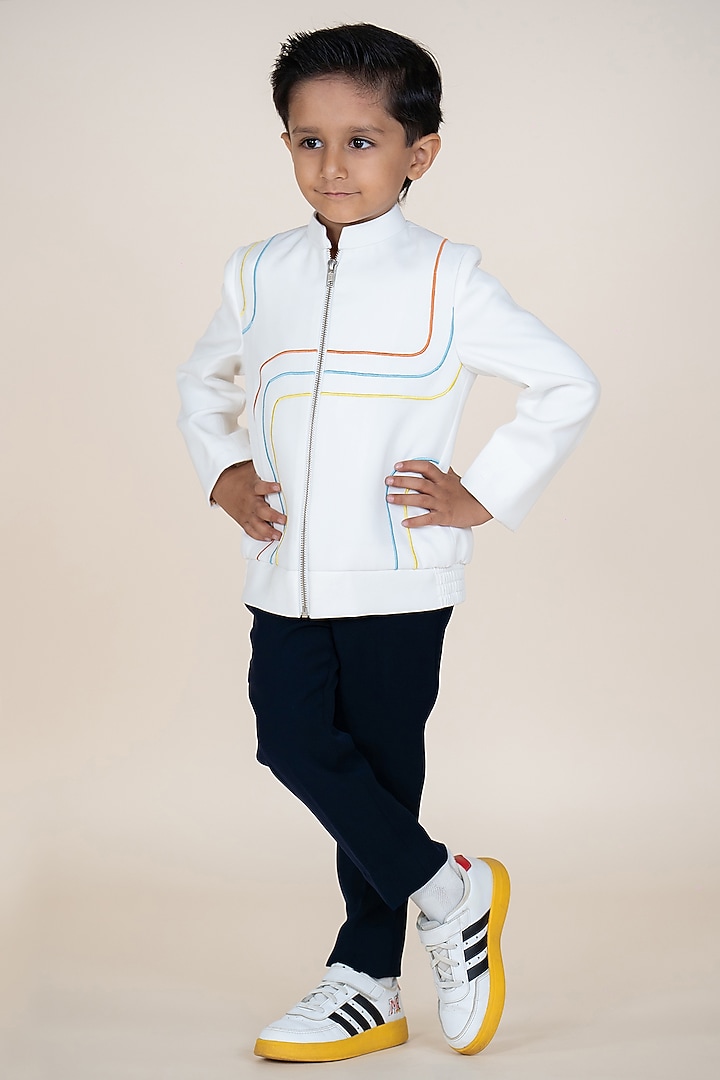 White & Navy Blue Sandwash Suiting Embroidered Blazer Set For Boys by Little Boys Closet at Pernia's Pop Up Shop