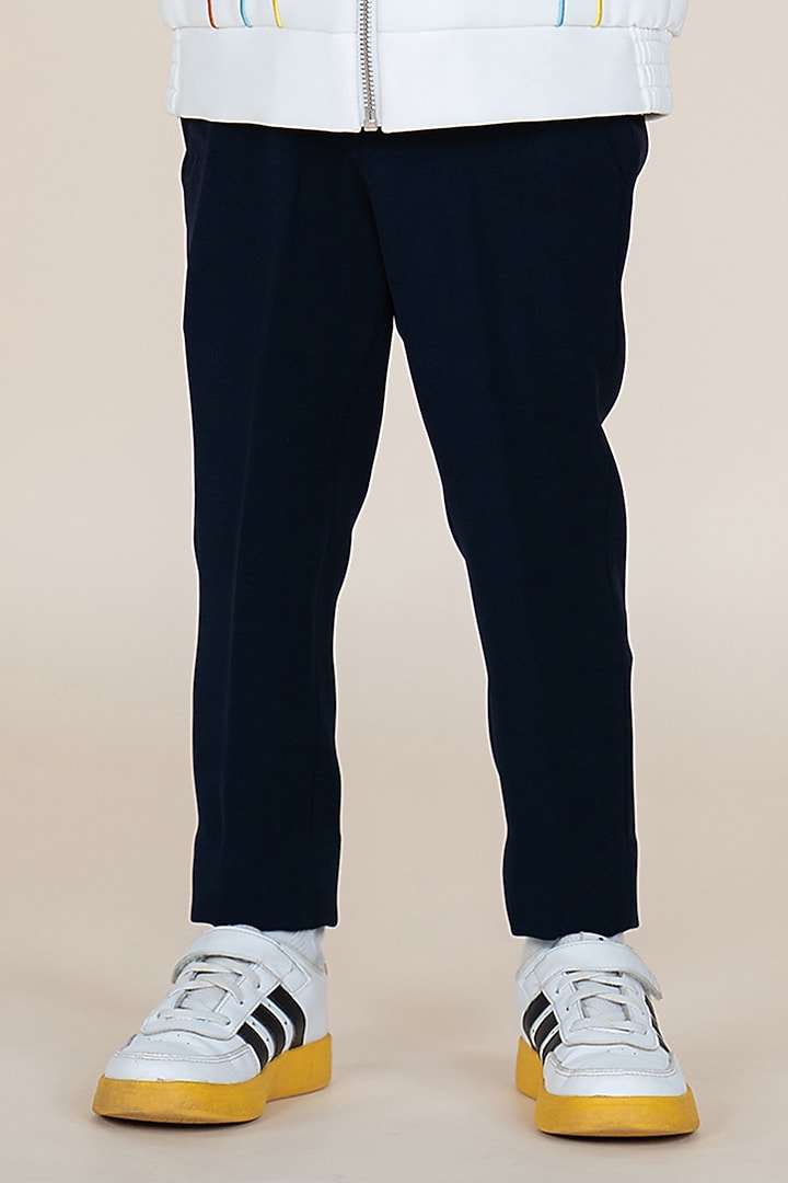 White & Navy Blue Sandwash Suiting Embroidered Blazer Set For Boys by Little Boys Closet at Pernia's Pop Up Shop