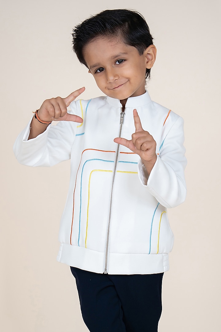White & Navy Blue Sandwash Suiting Embroidered Blazer Set For Boys by Little Boys Closet at Pernia's Pop Up Shop