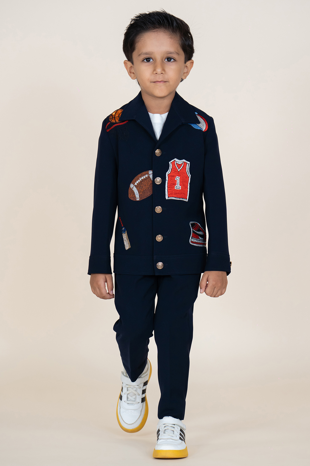 Navy Blue Sandwash Suiting Embroidered Blazer Set For Boys by Little Boys Closet