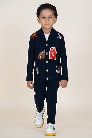 Navy Blue Sandwash Suiting Embroidered Blazer Set For Boys by Little Boys Closet