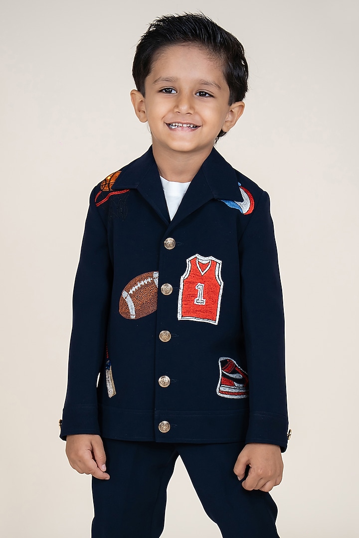 Navy Blue Sandwash Suiting Embroidered Blazer Set For Boys by