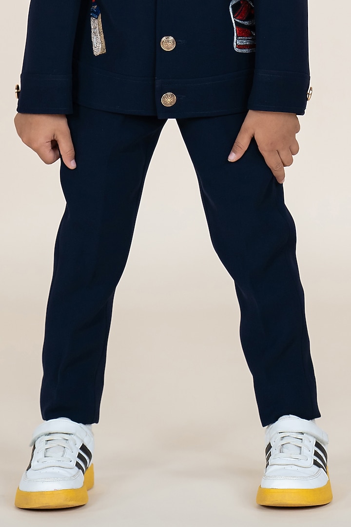 Navy Blue Sandwash Suiting Embroidered Blazer Set For Boys by Little Boys Closet at Pernia's Pop Up Shop