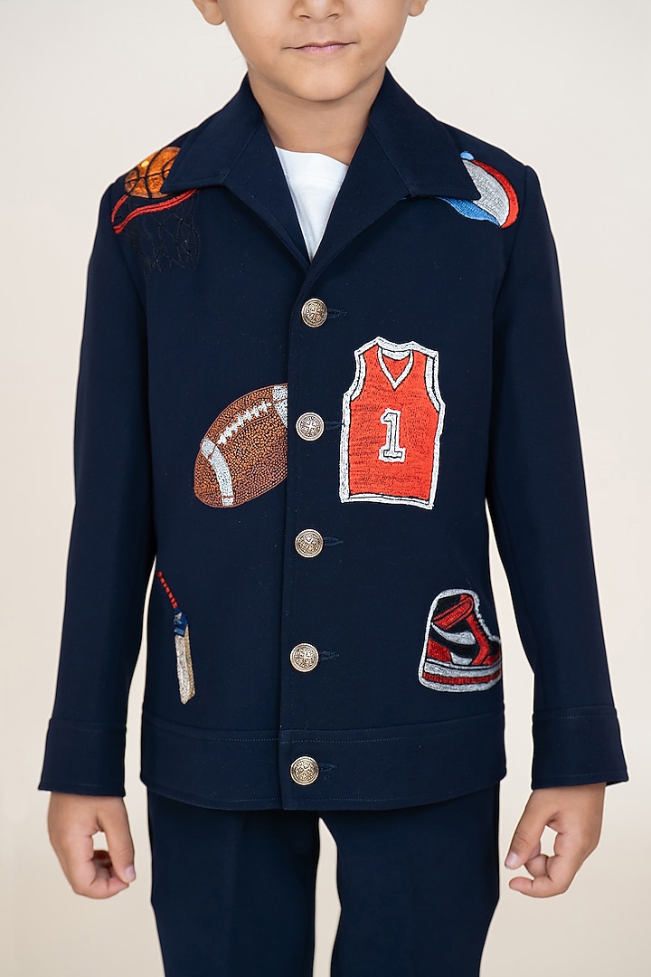 Navy Blue Sandwash Suiting Embroidered Blazer Set For Boys by Little Boys Closet at Pernia's Pop Up Shop