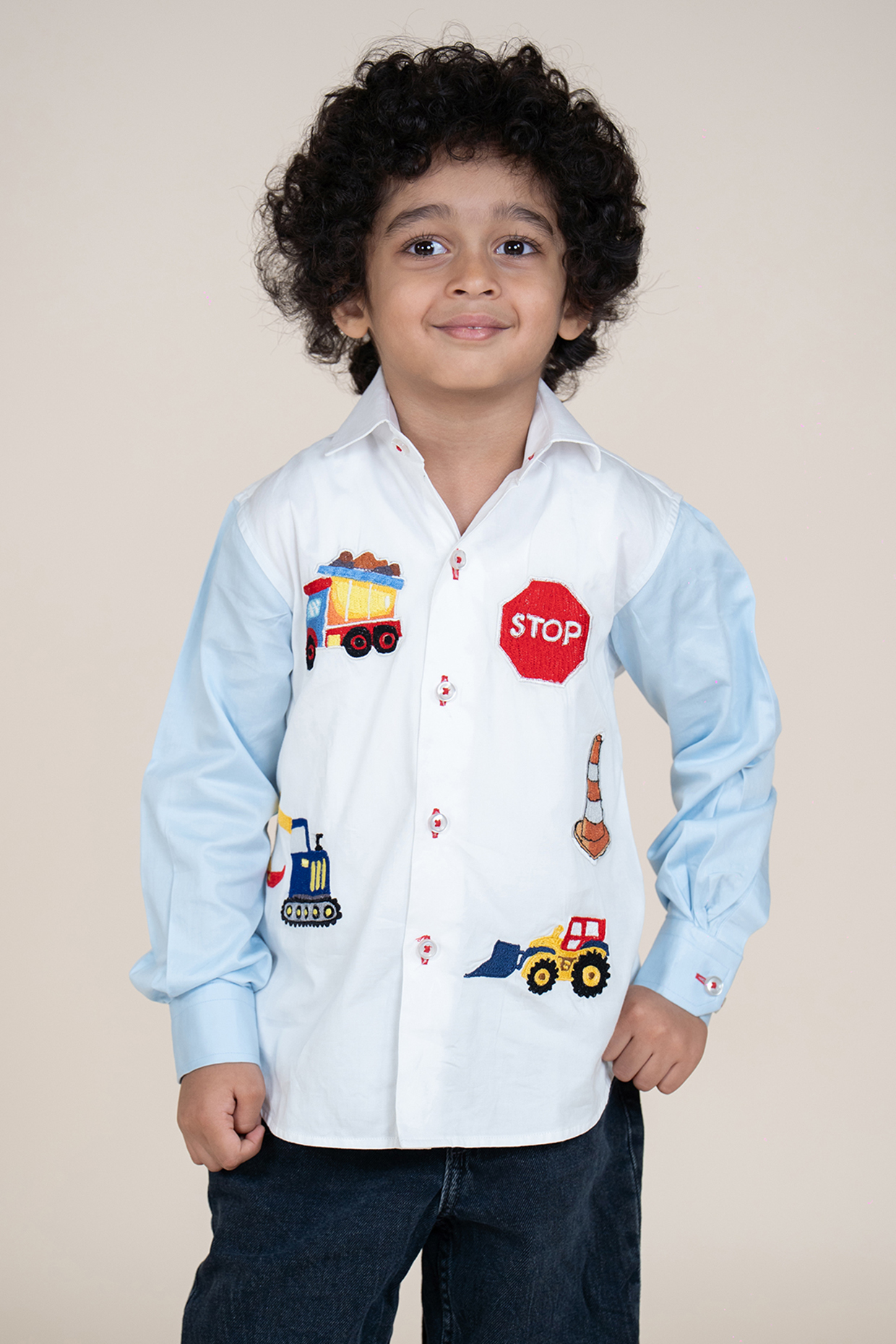 White & Sky Blue Cotton Satin Embroidered Shirt For Boys by Little Boys Closet