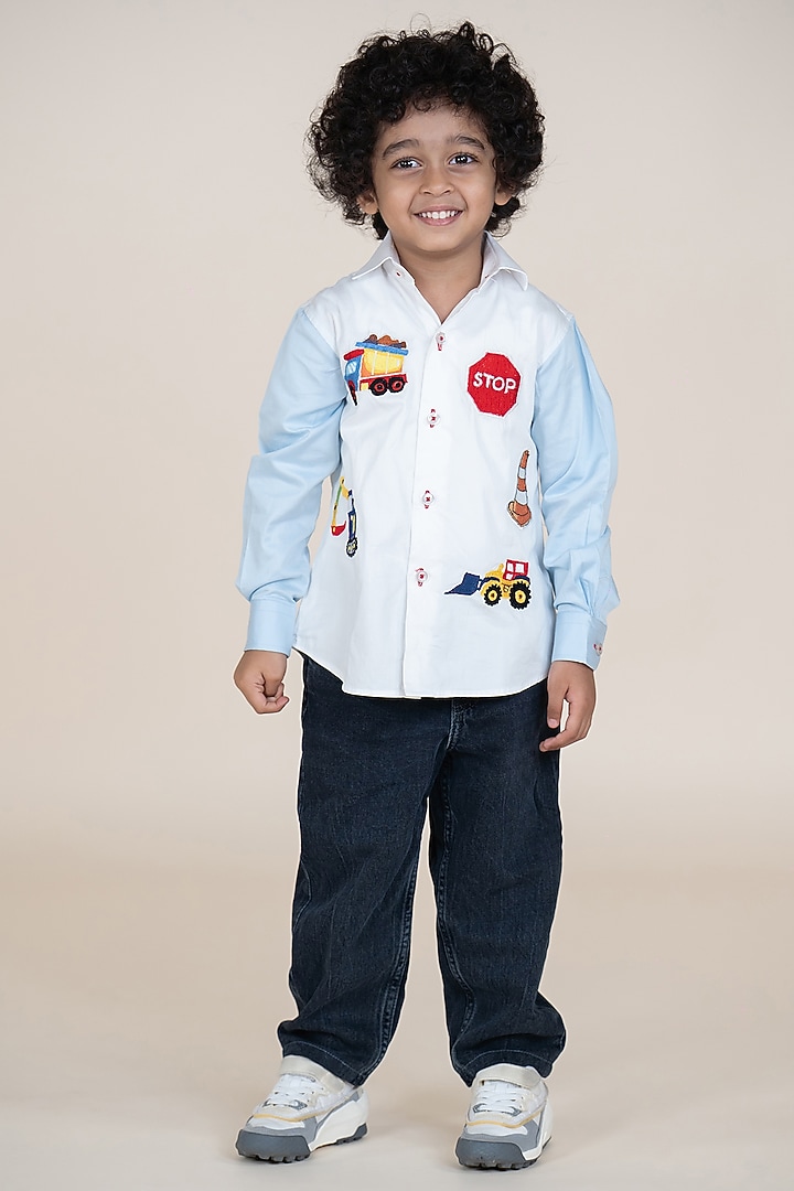 White & Sky Blue Cotton Satin Embroidered Shirt For Boys by Little Boys Closet at Pernia's Pop Up Shop
