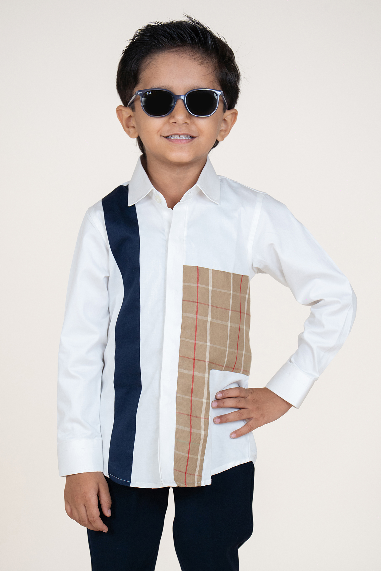 White Cotton Satin Color-Blocked Shirt For Boys by Little Boys Closet