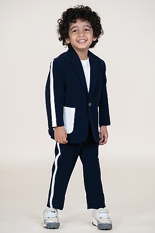 Navy Blue Sandwash Suiting Color-Blocked Blazer Set For Boys by Little Boys Closet