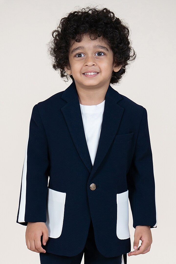 Navy Blue Sandwash Suiting Color-Blocked Blazer Set For Boys by Little Boys Closet at Pernia's Pop Up Shop