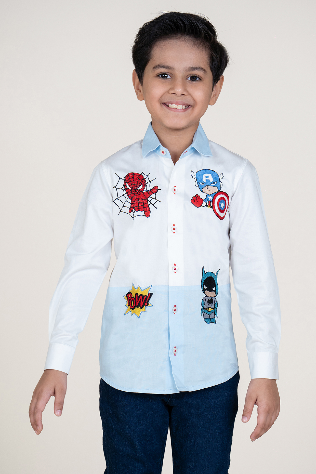 White & Sky Blue Cotton Satin Embroidered Shirt For Boys by Little Boys Closet