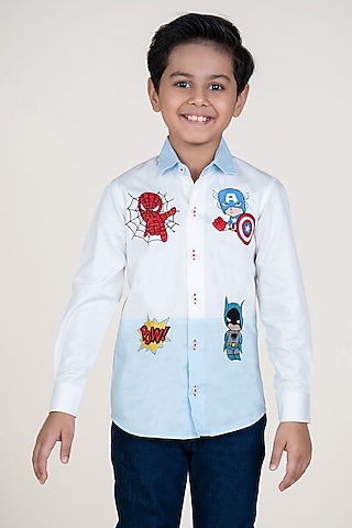 White & Sky Blue Cotton Satin Embroidered Shirt For Boys by Little Boys Closet