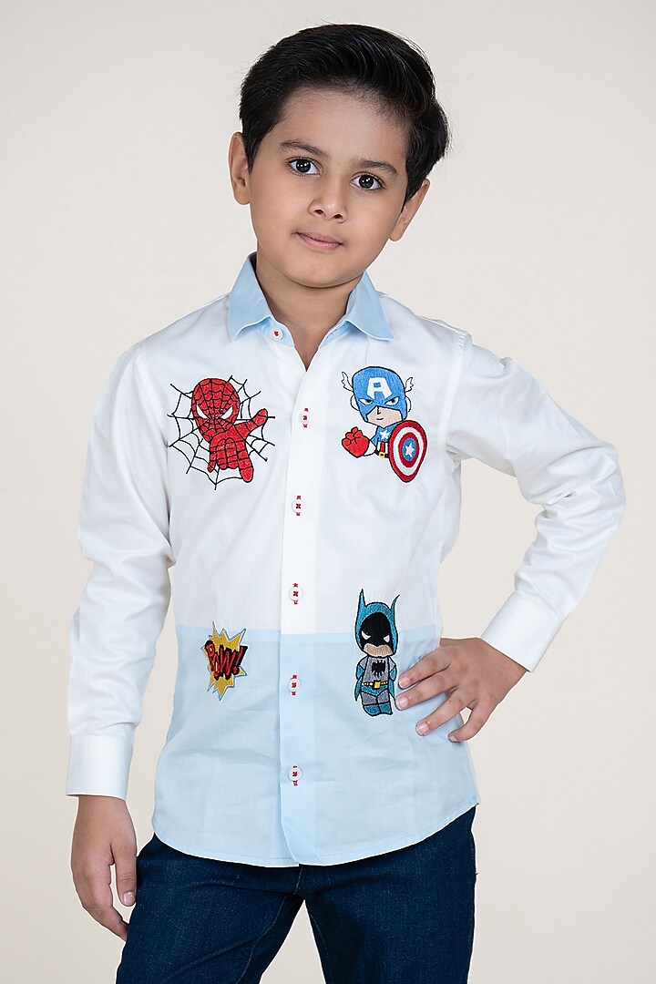White & Sky Blue Cotton Satin Embroidered Shirt For Boys by Little Boys Closet at Pernia's Pop Up Shop
