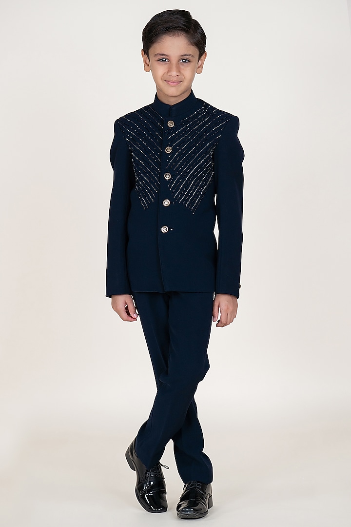 Navy Blue Suiting Sandwash Hand Embroidered Bandhgala Set For Boys by Little Boys Closet