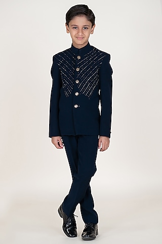 Navy Blue Suiting Sandwash Hand Embroidered Bandhgala Set For Boys by Little Boys Closet