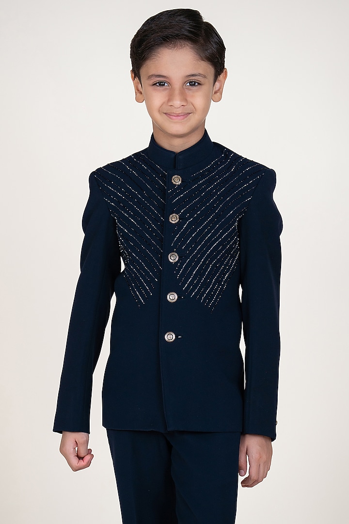 Navy Blue Suiting Sandwash Hand Embroidered Bandhgala Set For Boys by Little Boys Closet at Pernia's Pop Up Shop