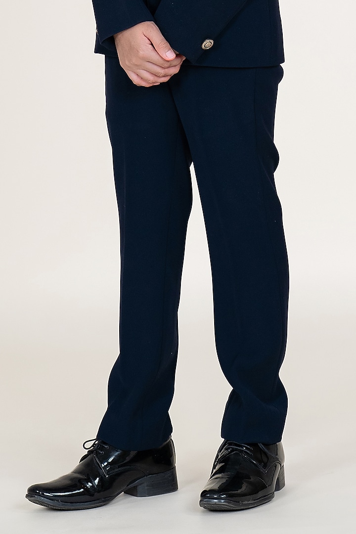 Navy Blue Suiting Sandwash Hand Embroidered Bandhgala Set For Boys by Little Boys Closet at Pernia's Pop Up Shop
