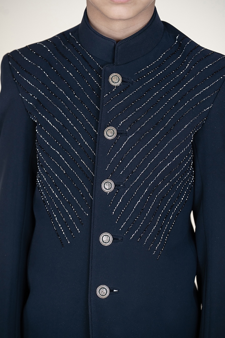Navy Blue Suiting Sandwash Hand Embroidered Bandhgala Set For Boys by Little Boys Closet at Pernia's Pop Up Shop