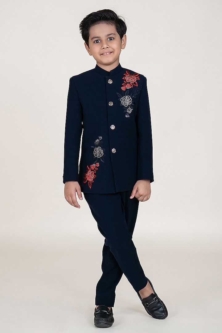 Navy Blue Suiting Sandwash Hand Embroidered Bandhgala Set For Boys by Little Boys Closet