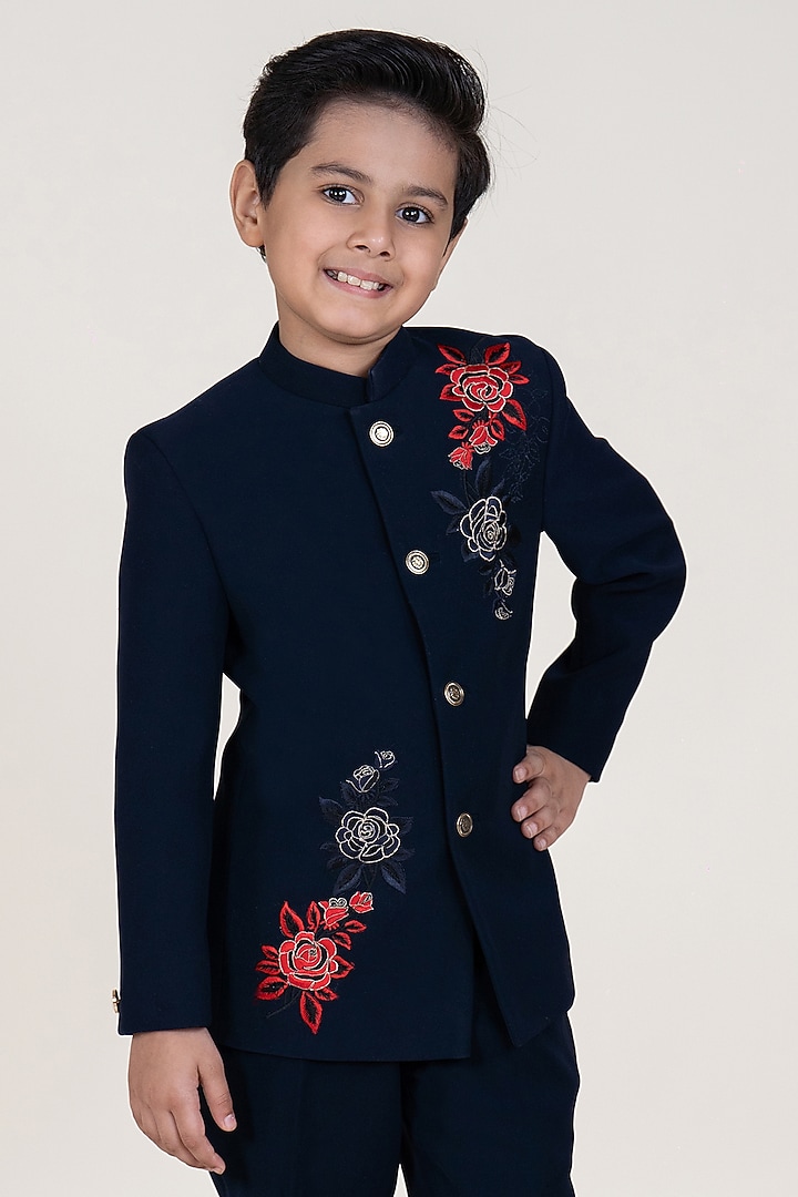 Navy Blue Suiting Sandwash Hand Embroidered Bandhgala Set For Boys by Little Boys Closet at Pernia's Pop Up Shop