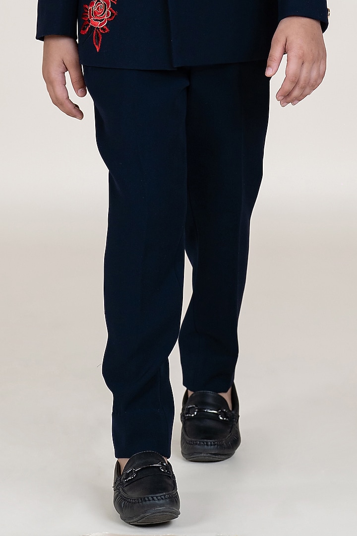 Navy Blue Suiting Sandwash Hand Embroidered Bandhgala Set For Boys by Little Boys Closet at Pernia's Pop Up Shop