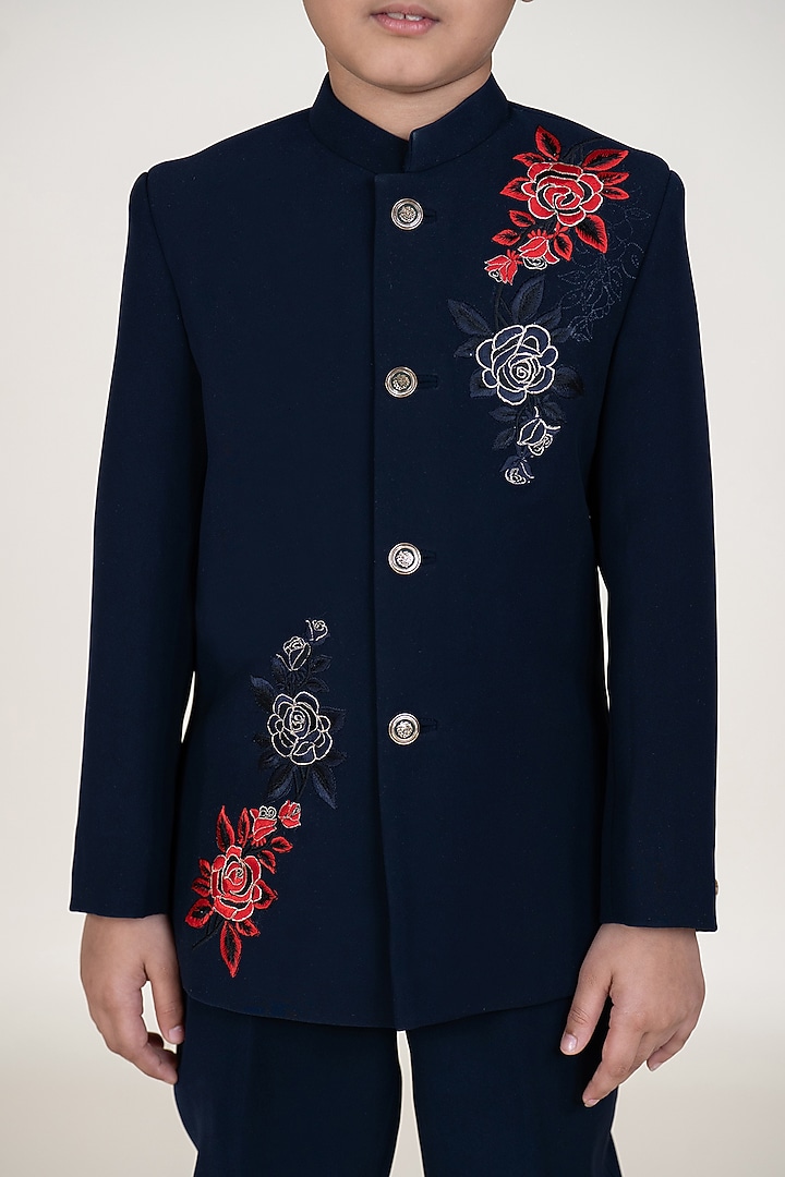 Navy Blue Suiting Sandwash Hand Embroidered Bandhgala Set For Boys by Little Boys Closet at Pernia's Pop Up Shop