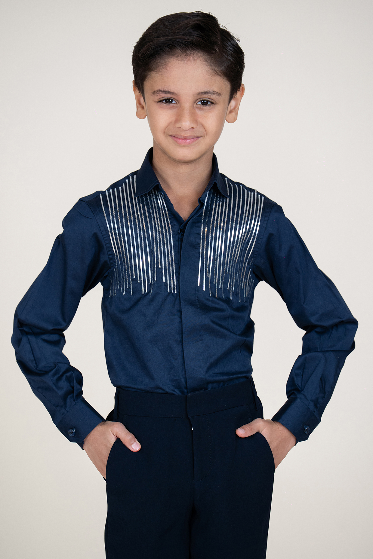 Navy Blue Cotton Satin Shirt For Boys by Little Boys Closet