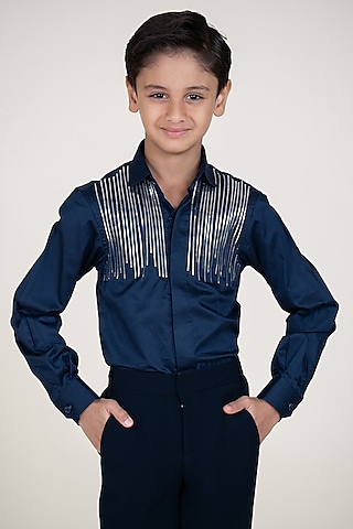 Navy Blue Cotton Satin Shirt For Boys by Little Boys Closet