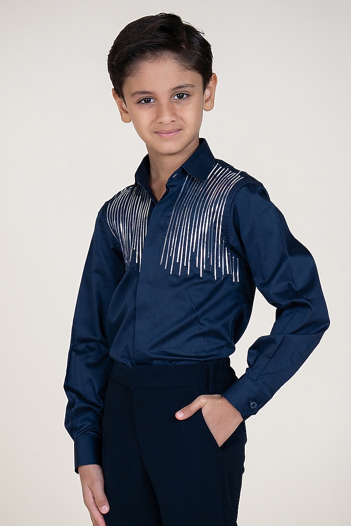 Navy Blue Cotton Satin Shirt For Boys by Little Boys Closet at Pernia's Pop Up Shop