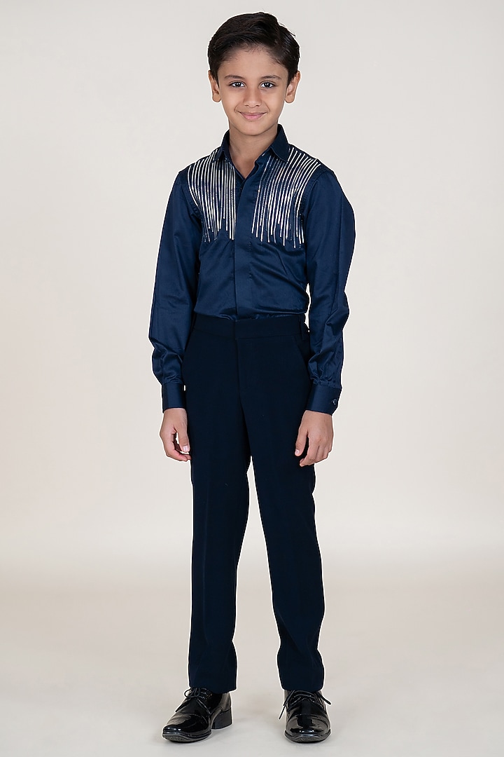 Navy Blue Cotton Satin Shirt For Boys by Little Boys Closet at Pernia's Pop Up Shop