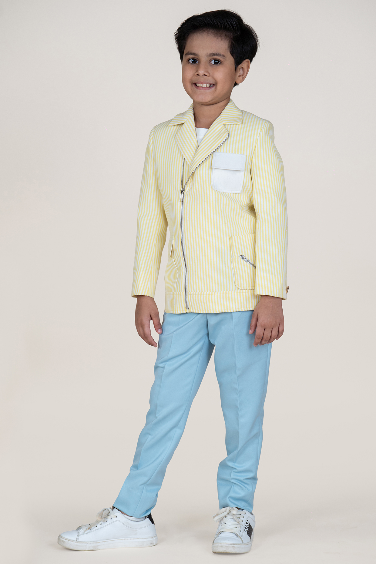 Yellow & White Linen Suiting Color-Blocked Blazer Set For Boys by Little Boys Closet
