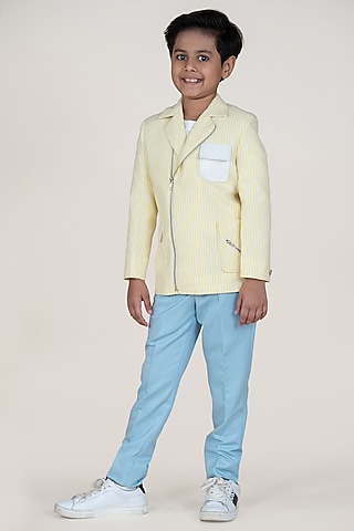 Yellow & White Linen Suiting Color-Blocked Blazer Set For Boys by Little Boys Closet