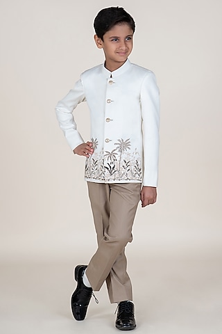 White & Beige Suiting Embroidered Bandhgala Set For Boys by Little Boys Closet