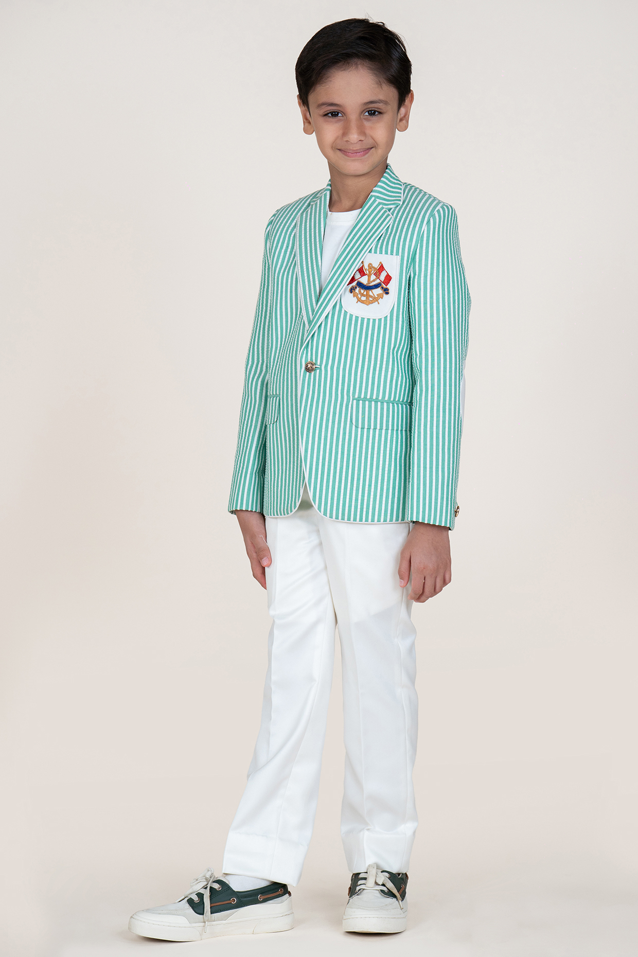 Green & White Seersucker Suiting Embroidered Blazer Set For Boys by Little Boys Closet