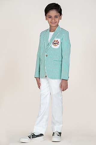Green & White Seersucker Suiting Embroidered Blazer Set For Boys by Little Boys Closet