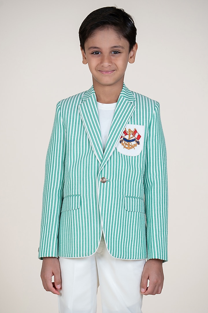 Green & White Seersucker Suiting Embroidered Blazer Set For Boys by Little Boys Closet at Pernia's Pop Up Shop