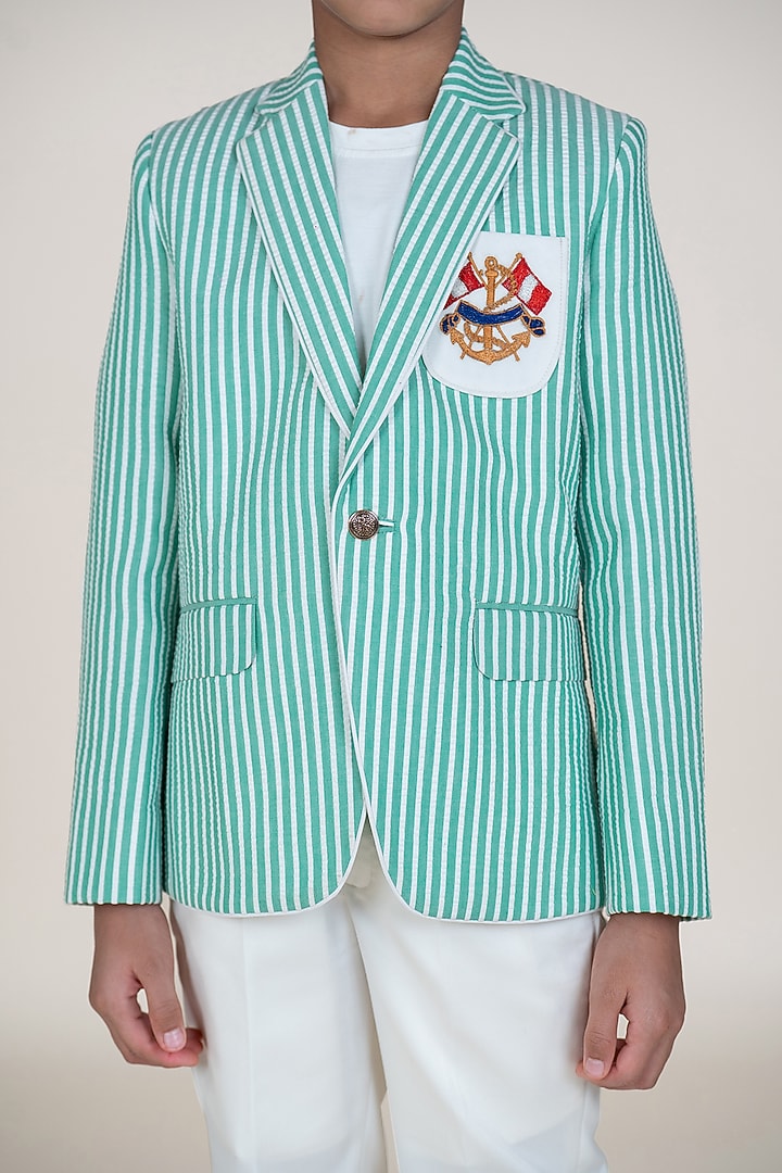 Green & White Seersucker Suiting Embroidered Blazer Set For Boys by Little Boys Closet at Pernia's Pop Up Shop
